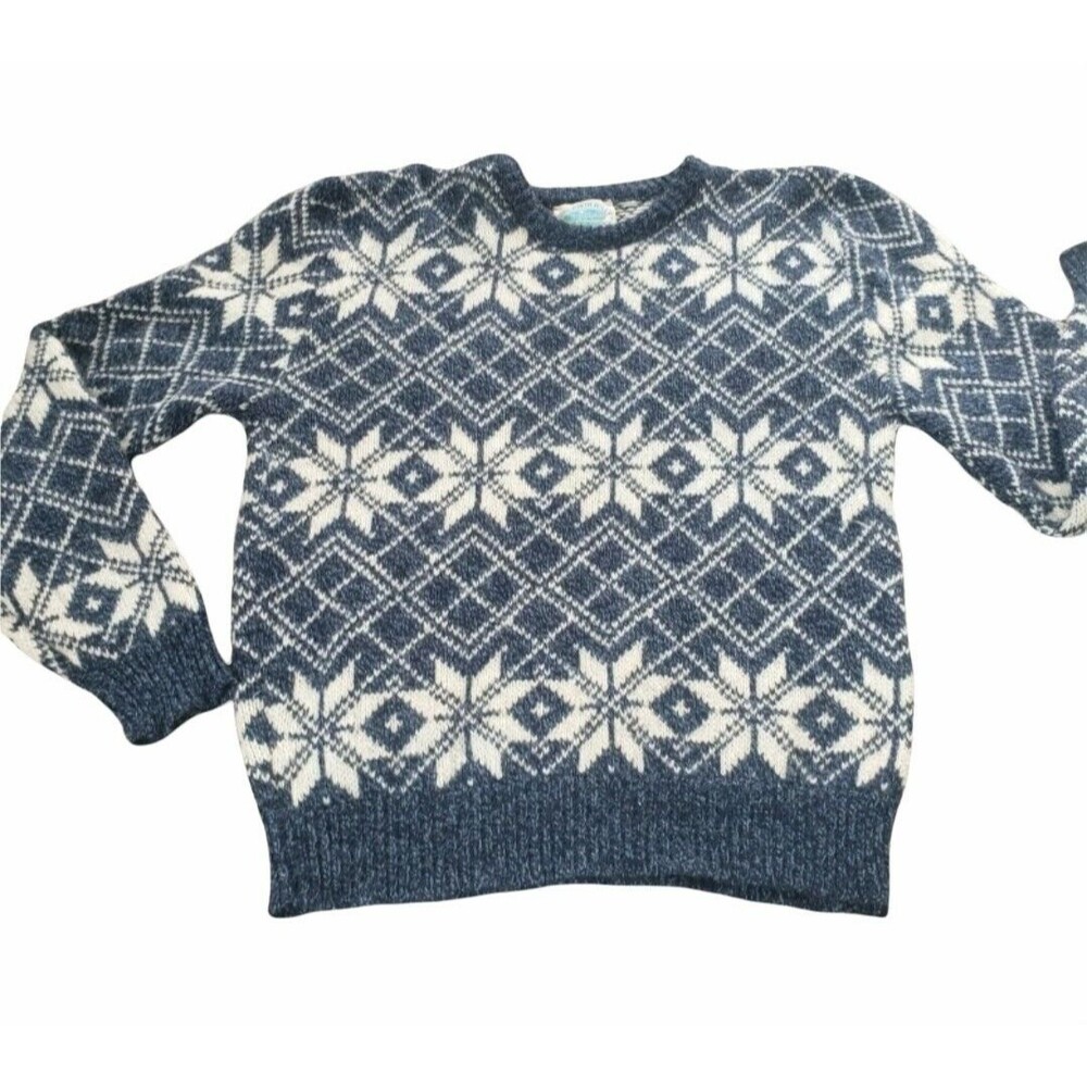Vintage‎ ROYAL NORTH MILLS Sweater Snowflake Fair Isle Blue & White M/L